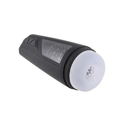 The Playboy Pursuit Of Pleasure Stroker - 2 AM, a black and gray handheld device, is crafted from premium materials with side buttons and a white circular end. Its textured surface inside is visible through a transparent panel designed for the ultimate pursuit of pleasure.