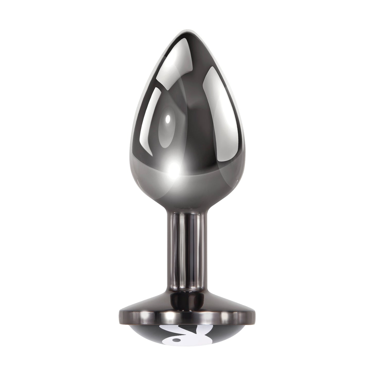 The Playboy Tux Butt Plug by Playboy is a sleek, glossy teardrop-shaped object with a wide circular base made from body-safe aluminum alloy, standing upright against a white background, perfect for adding elegance to your collection.