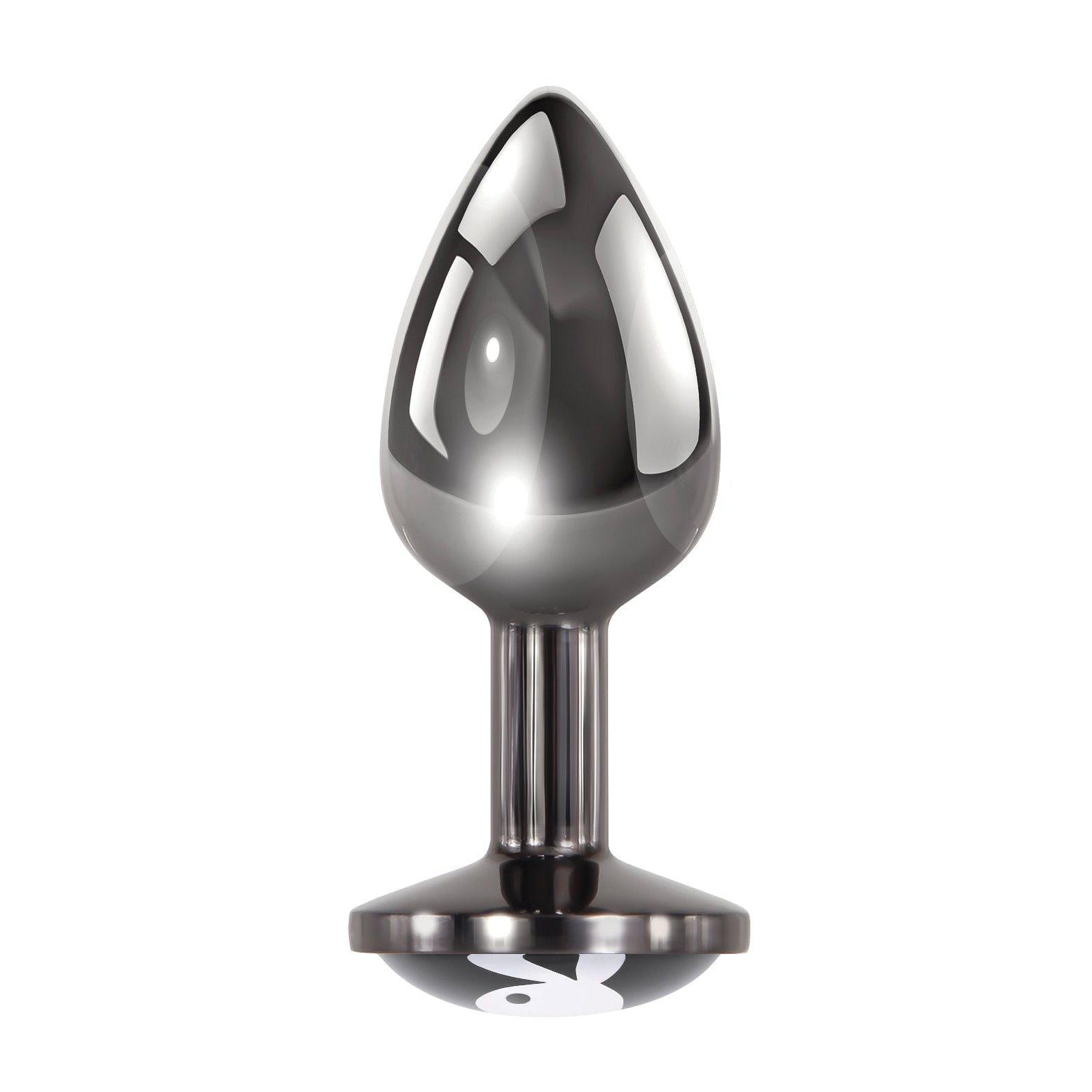 The Playboy Tux Butt Plug by Playboy is a sleek, glossy teardrop-shaped object with a wide circular base made from body-safe aluminum alloy, standing upright against a white background, perfect for adding elegance to your collection.