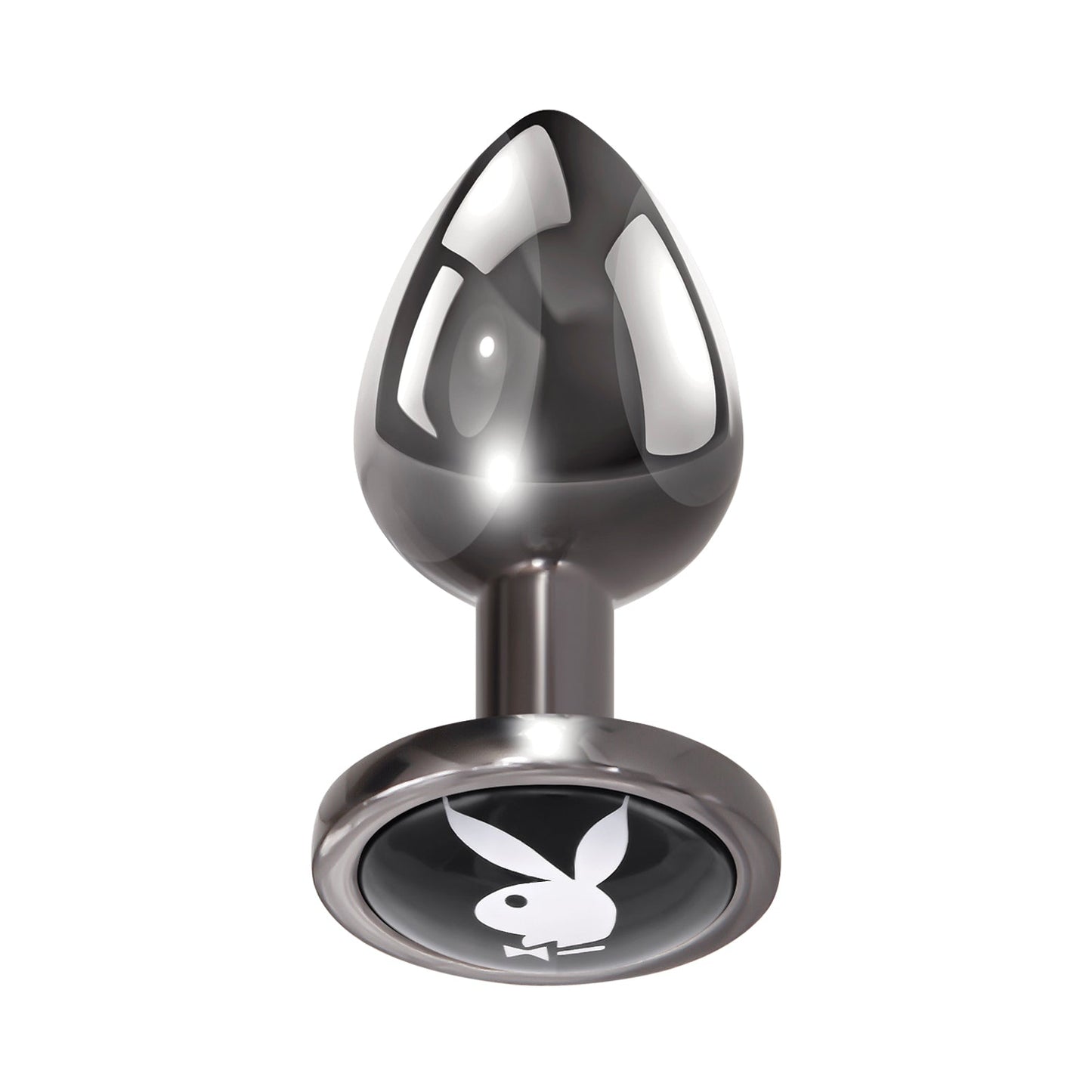 The Playboy Tux Butt Plug by Playboy features a sleek, bulbous design made from body-safe aluminum alloy. It has a circular base with a white rabbit silhouette on a black background, ideal for enhancing anal play.