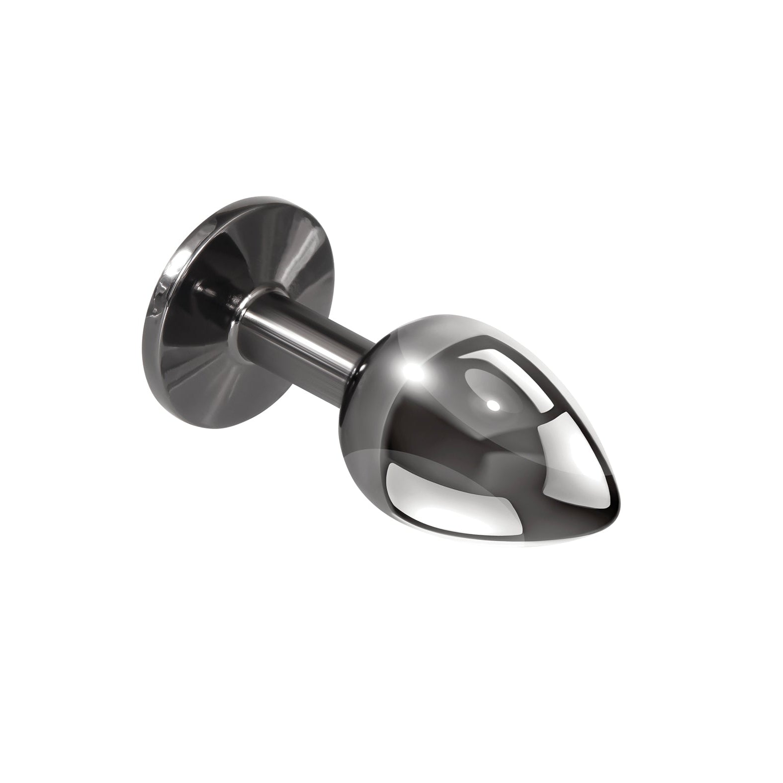 The Playboy Tux Butt Plug by Playboy is a smooth, metallic, torpedo-shaped design made from body-safe aluminum alloy with an elegantly polished surface. Its circular base with a flat edge ensures stability when upright.