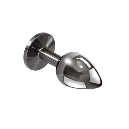 The Playboy Tux Butt Plug by Playboy is a smooth, metallic, torpedo-shaped design made from body-safe aluminum alloy with an elegantly polished surface. Its circular base with a flat edge ensures stability when upright.