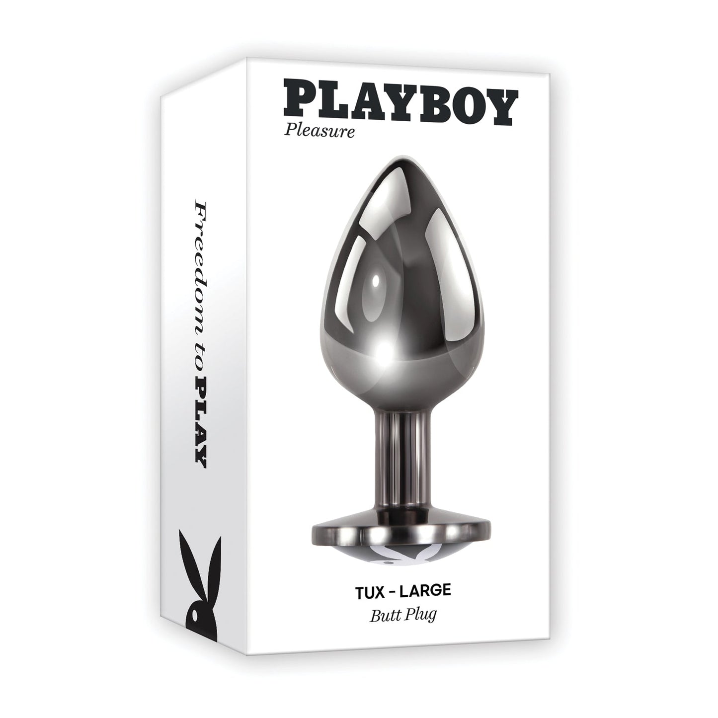 The image displays the packaging for Playboy Tux Butt Plug, intended for anal play. The box is white with a sleek black and silver plug image made of body-safe aluminum alloy on the front, and it features the iconic Playboy logo on the side.