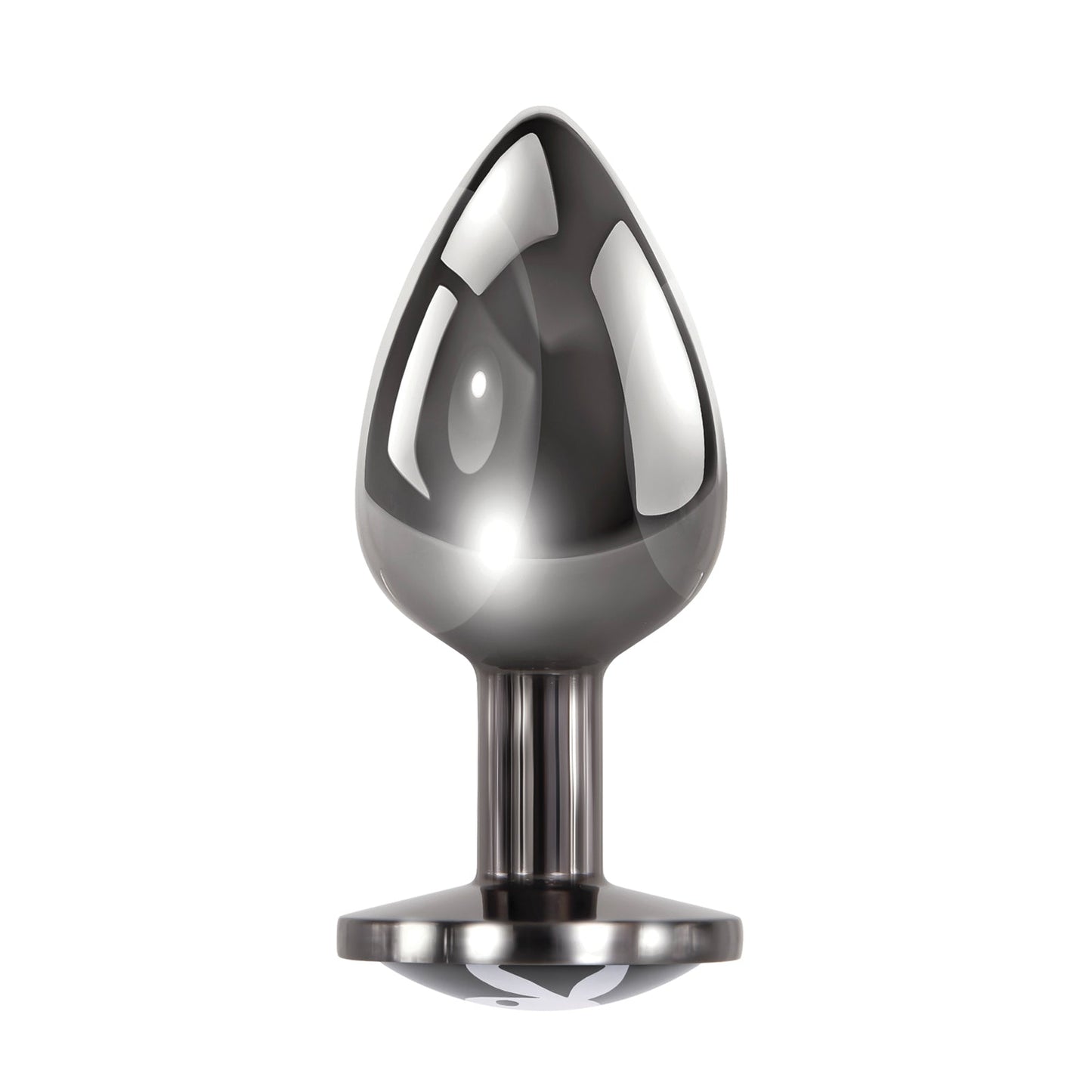 The Playboy Tux Butt Plug by Playboy is crafted from a shiny, body-safe aluminum alloy and features a smooth, bulbous top with a reflective surface against a plain white background.