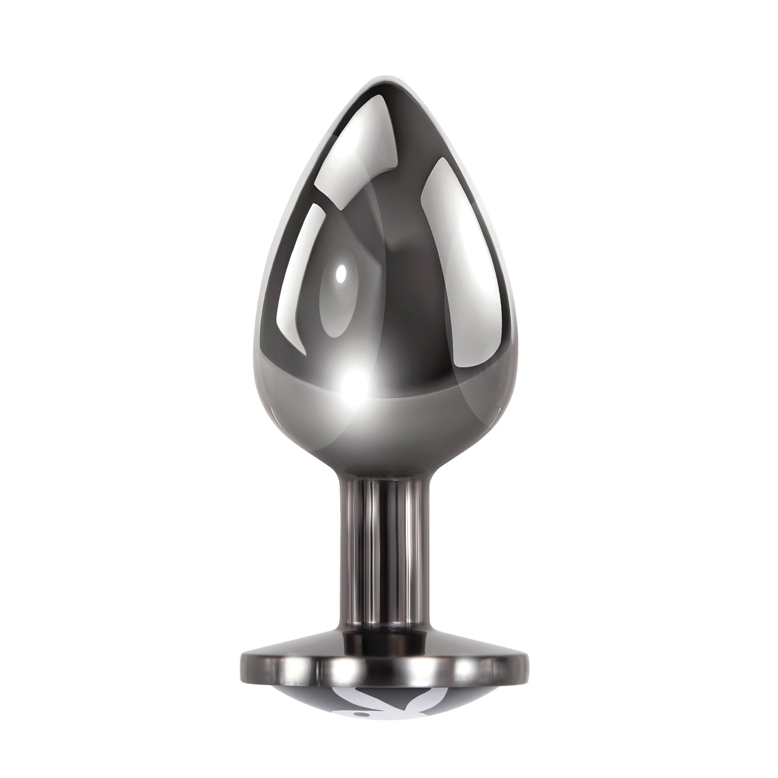 The Playboy Tux Butt Plug by Playboy is crafted from a shiny, body-safe aluminum alloy and features a smooth, bulbous top with a reflective surface against a plain white background.