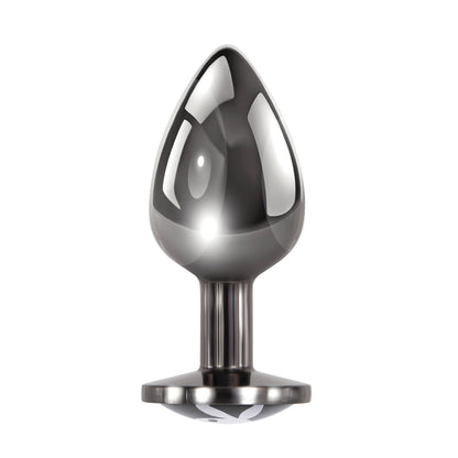The Playboy Tux Butt Plug by Playboy is crafted from a shiny, body-safe aluminum alloy and features a smooth, bulbous top with a reflective surface against a plain white background.
