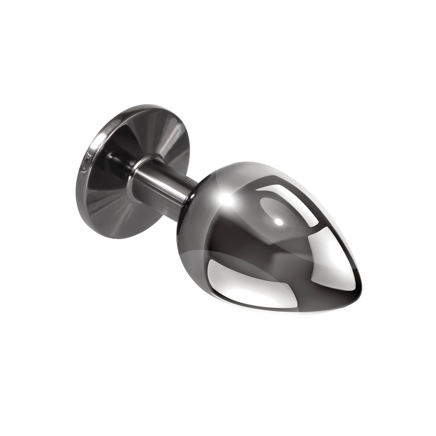 The Playboy Tux Butt Plug by Playboy features a smooth, reflective silver finish and a flared base, crafted from body-safe aluminum alloy.