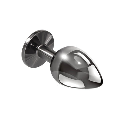 The Playboy Tux Butt Plug by Playboy features a smooth, reflective silver finish and a flared base, crafted from body-safe aluminum alloy.