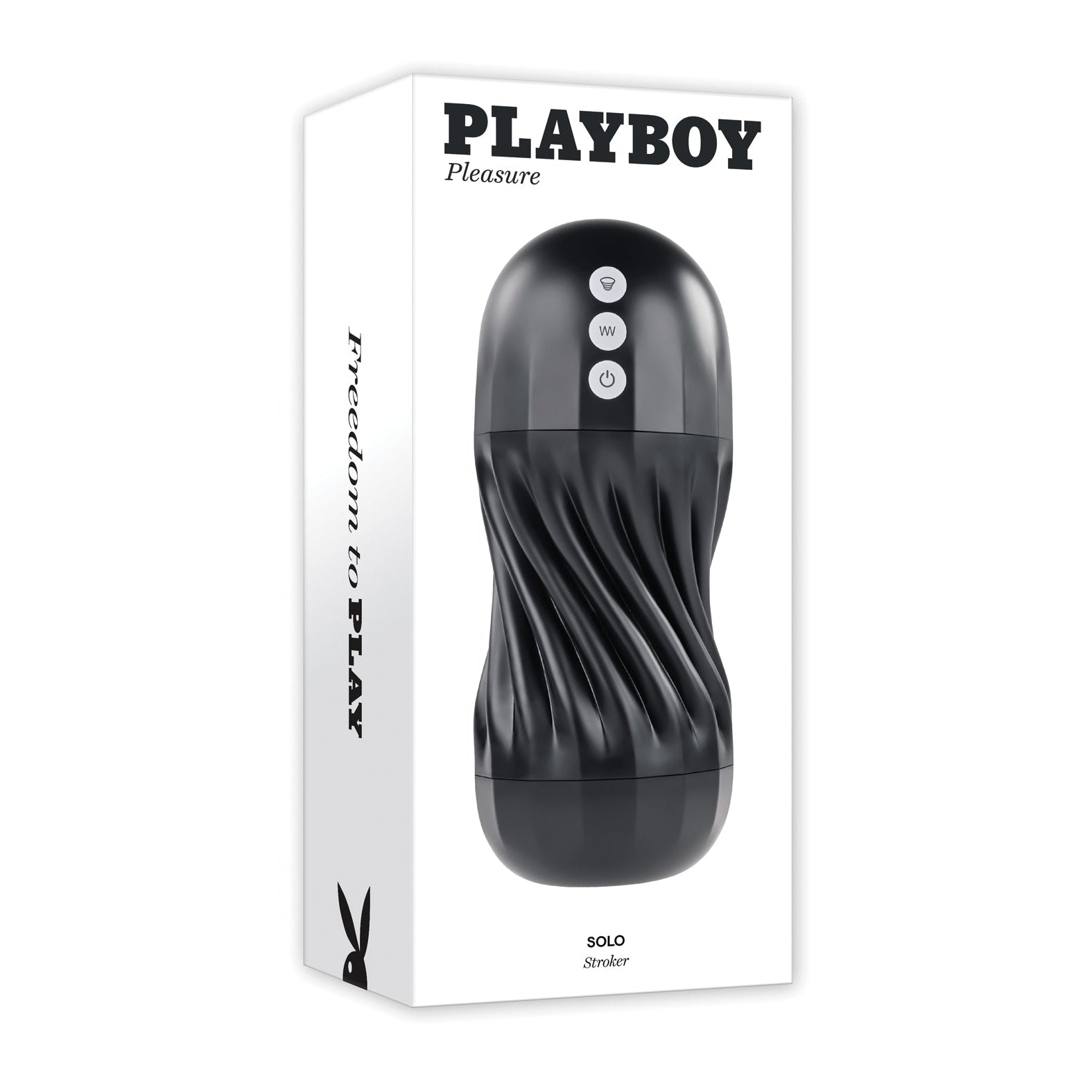 The Playboy Solo Stroker - 2 AM packaging features a sleek black design with wavy texture. The predominantly white box showcases product imagery and branding, including Freedom to Play along the side, emphasizing self-pleasure and its erotic potential.