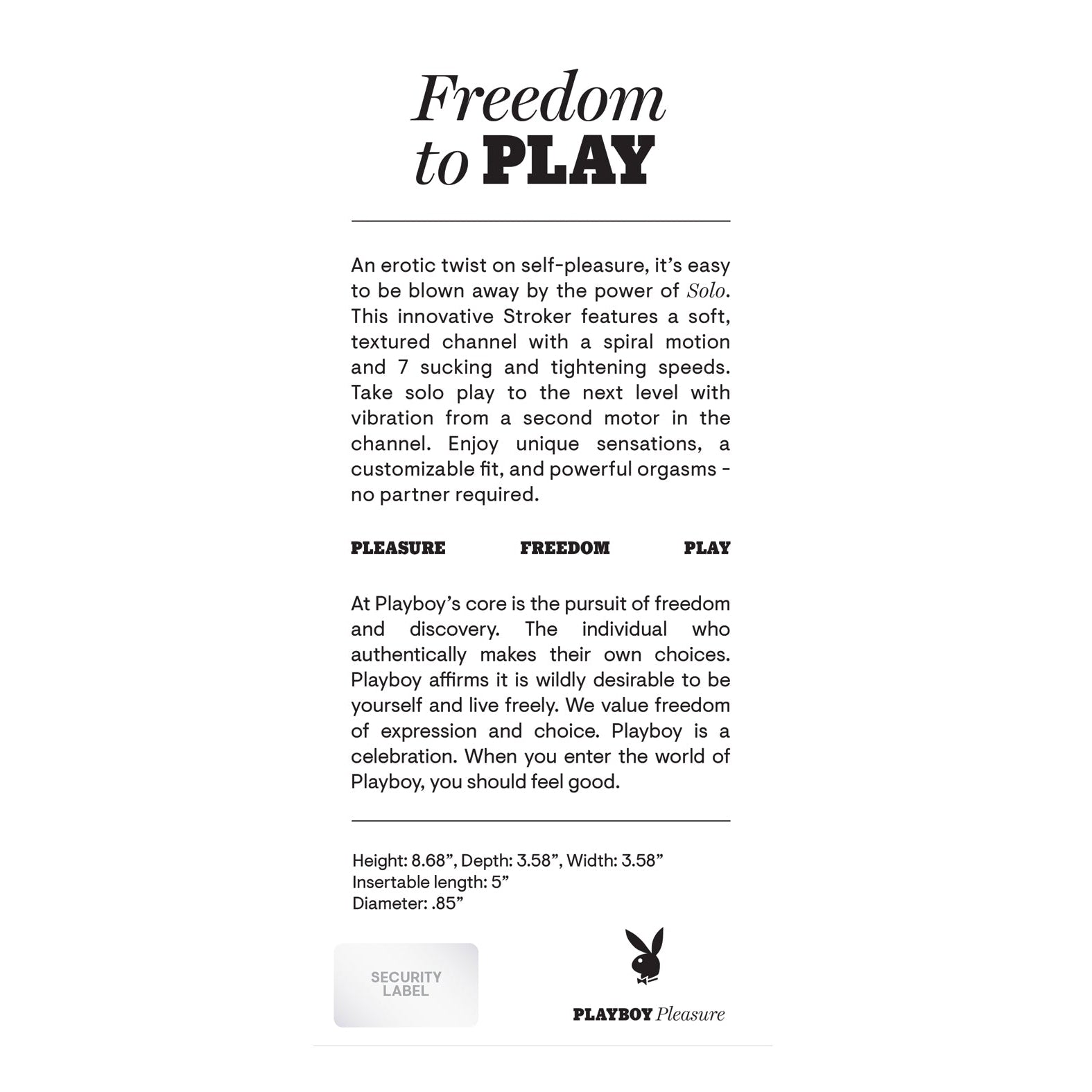 Text image titled Freedom to Play. Meet Playboys Solo Stroker - 2 AM, a textured pleasure device with adjustable speeds. It highlights personal freedom, erotic potential, and choice. Includes dimensions and a security label.