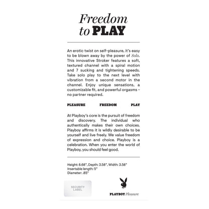 Text image titled Freedom to Play. Meet Playboys Solo Stroker - 2 AM, a textured pleasure device with adjustable speeds. It highlights personal freedom, erotic potential, and choice. Includes dimensions and a security label.