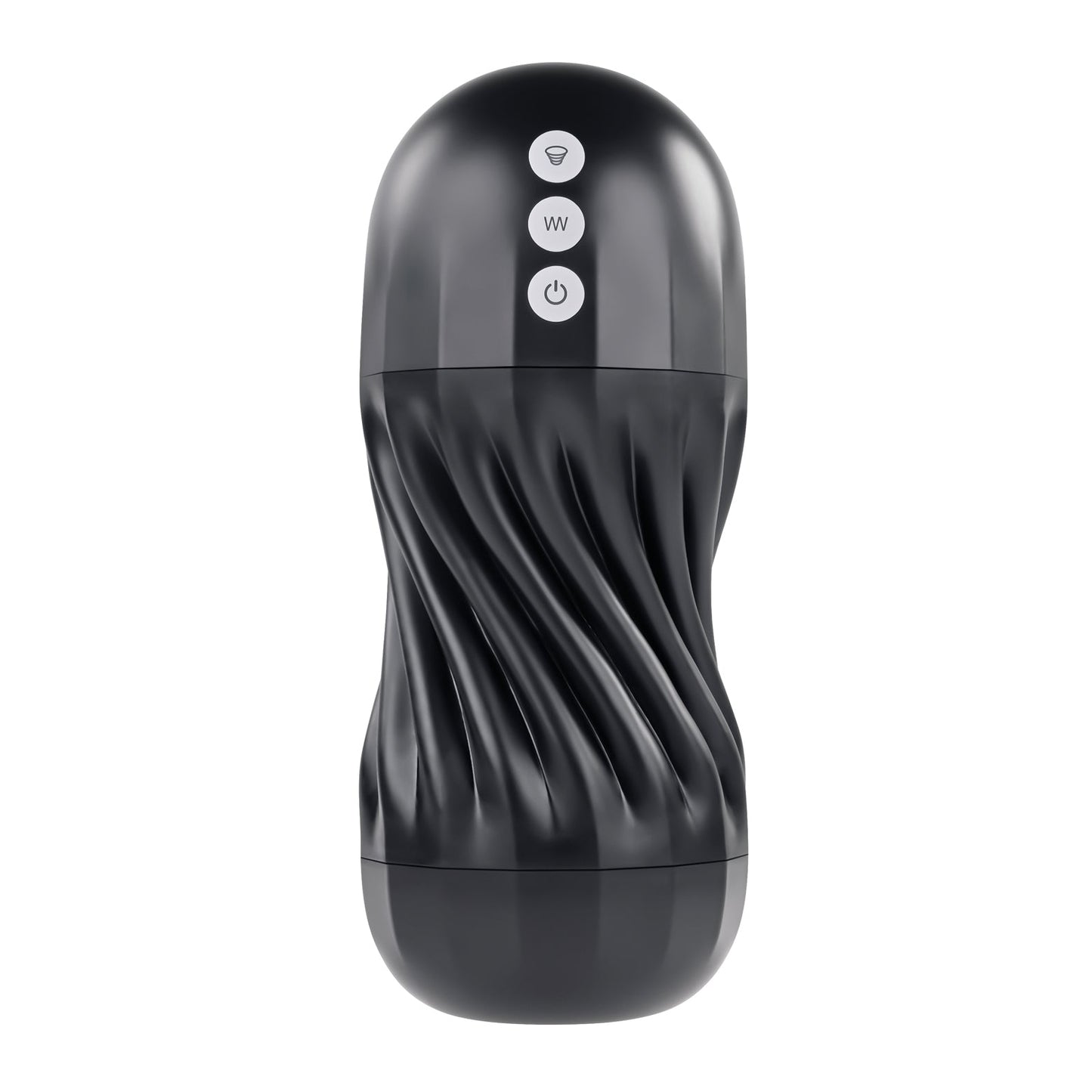 The Playboy Solo Stroker - 2 AM features a black electronic design with a cylindrical, wavy-textured surface. Three round buttons on the front display symbols for wireless connectivity, wave function, and power, blending sleek aesthetics with erotic enhancement for self-pleasure.