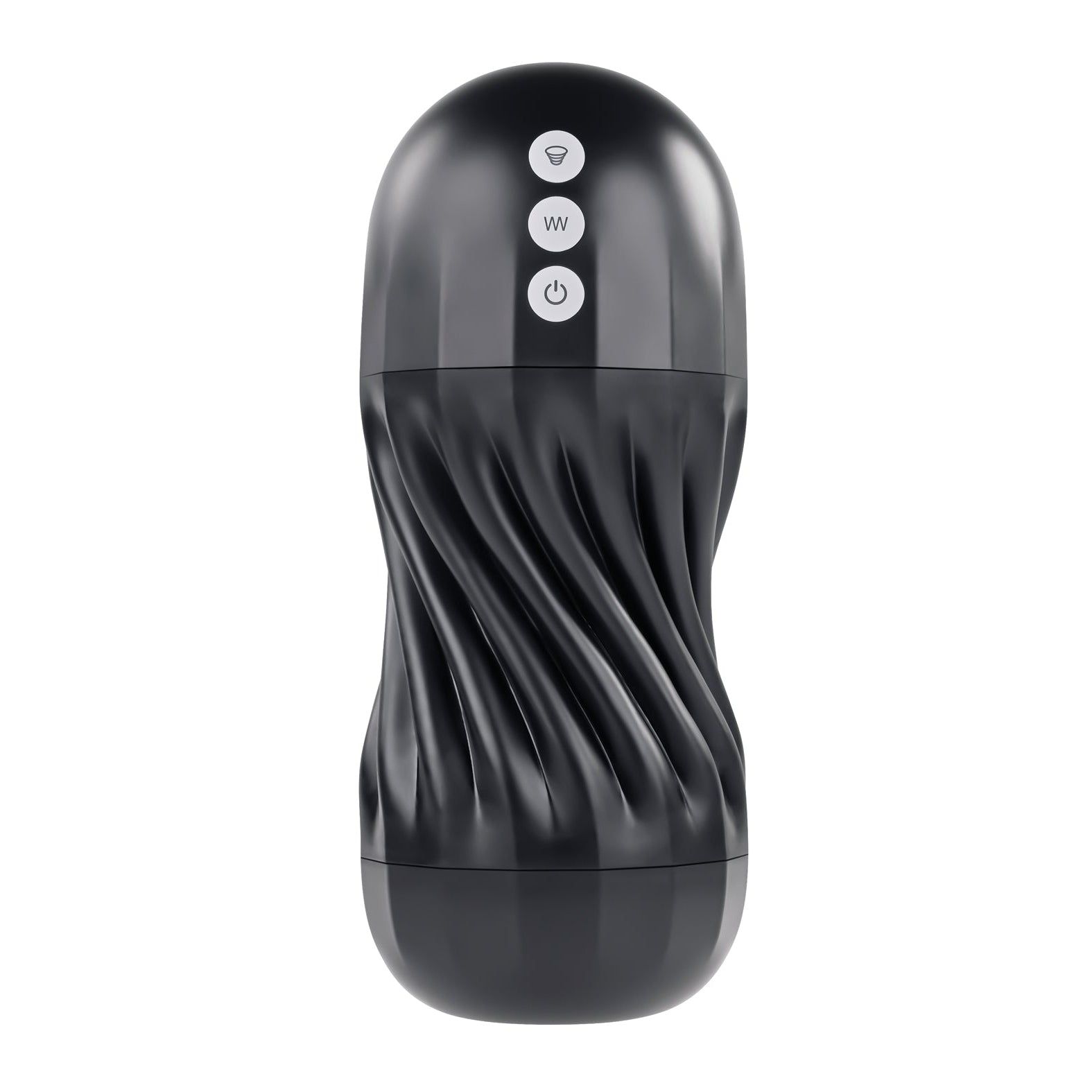 The Playboy Solo Stroker - 2 AM features a black electronic design with a cylindrical, wavy-textured surface. Three round buttons on the front display symbols for wireless connectivity, wave function, and power, blending sleek aesthetics with erotic enhancement for self-pleasure.