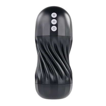 The Playboy Solo Stroker - 2 AM features a black electronic design with a cylindrical, wavy-textured surface. Three round buttons on the front display symbols for wireless connectivity, wave function, and power, blending sleek aesthetics with erotic enhancement for self-pleasure.