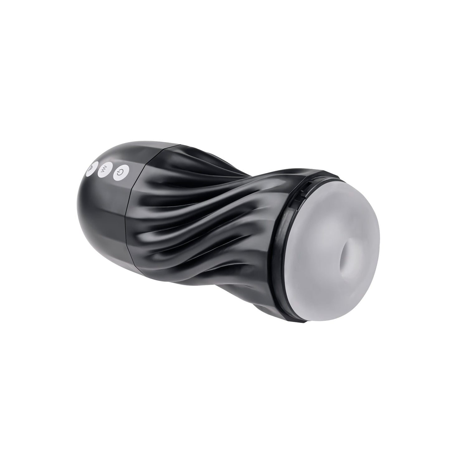 The Playboy Solo Stroker - 2 AM by Playboy is pictured on a white background. Its a black cylindrical device with a grooved design and control buttons, ideal for those seeking enhanced self-pleasure.