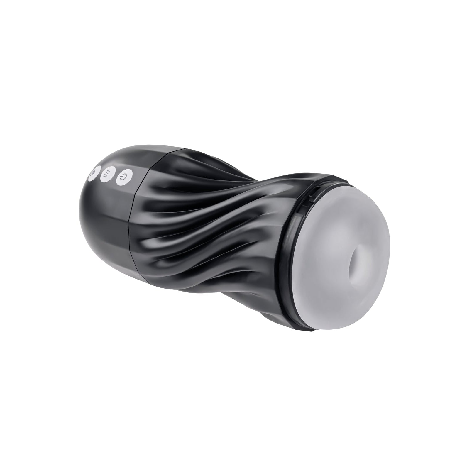 The Playboy Solo Stroker - 2 AM by Playboy is pictured on a white background. Its a black cylindrical device with a grooved design and control buttons, ideal for those seeking enhanced self-pleasure.