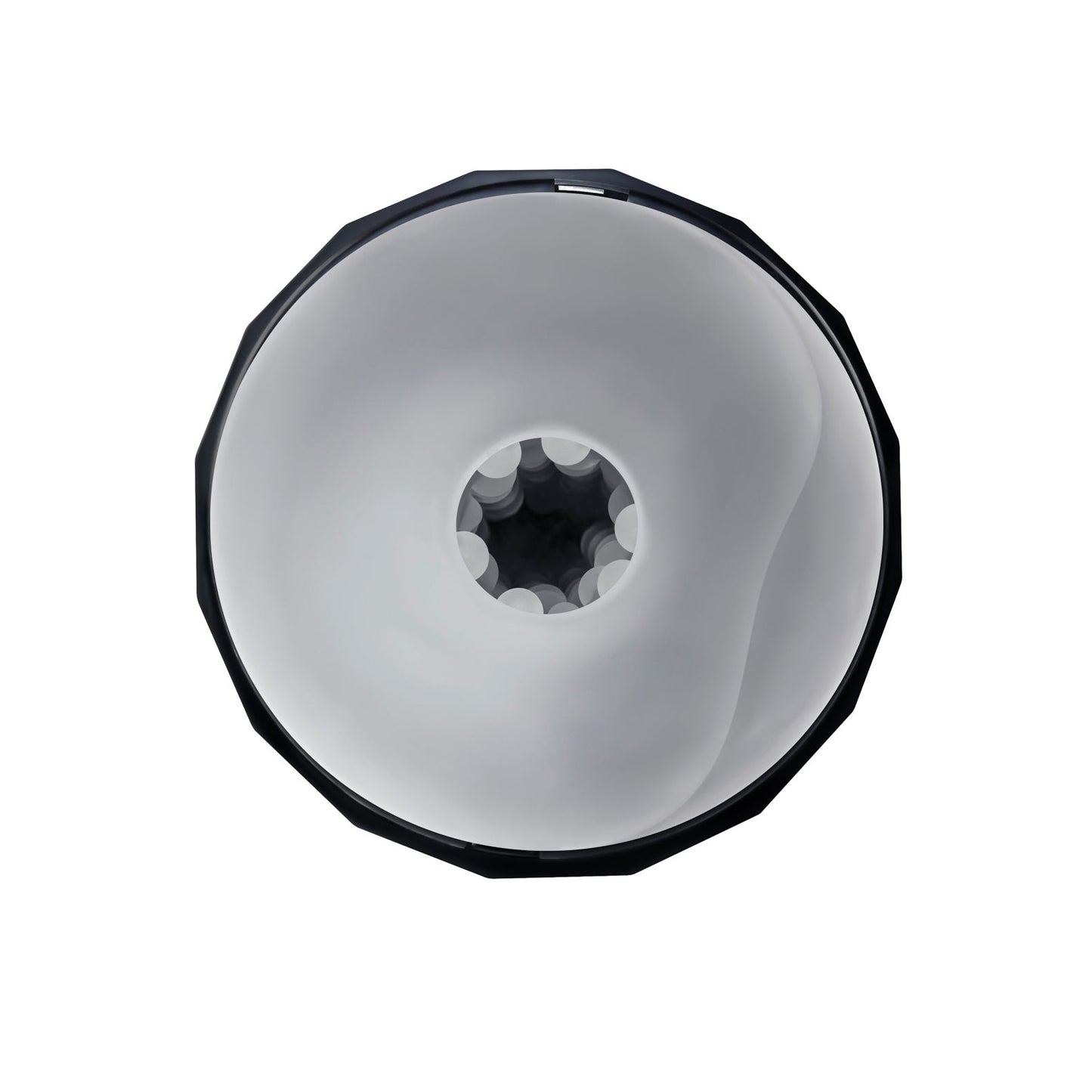 A close-up of a white, swirling abstract object with a smooth, round shape and a dark outer rim, akin to an avant-garde sculpture or the Playboy Solo Stroker - 2 AM light fixture against a pristine background.