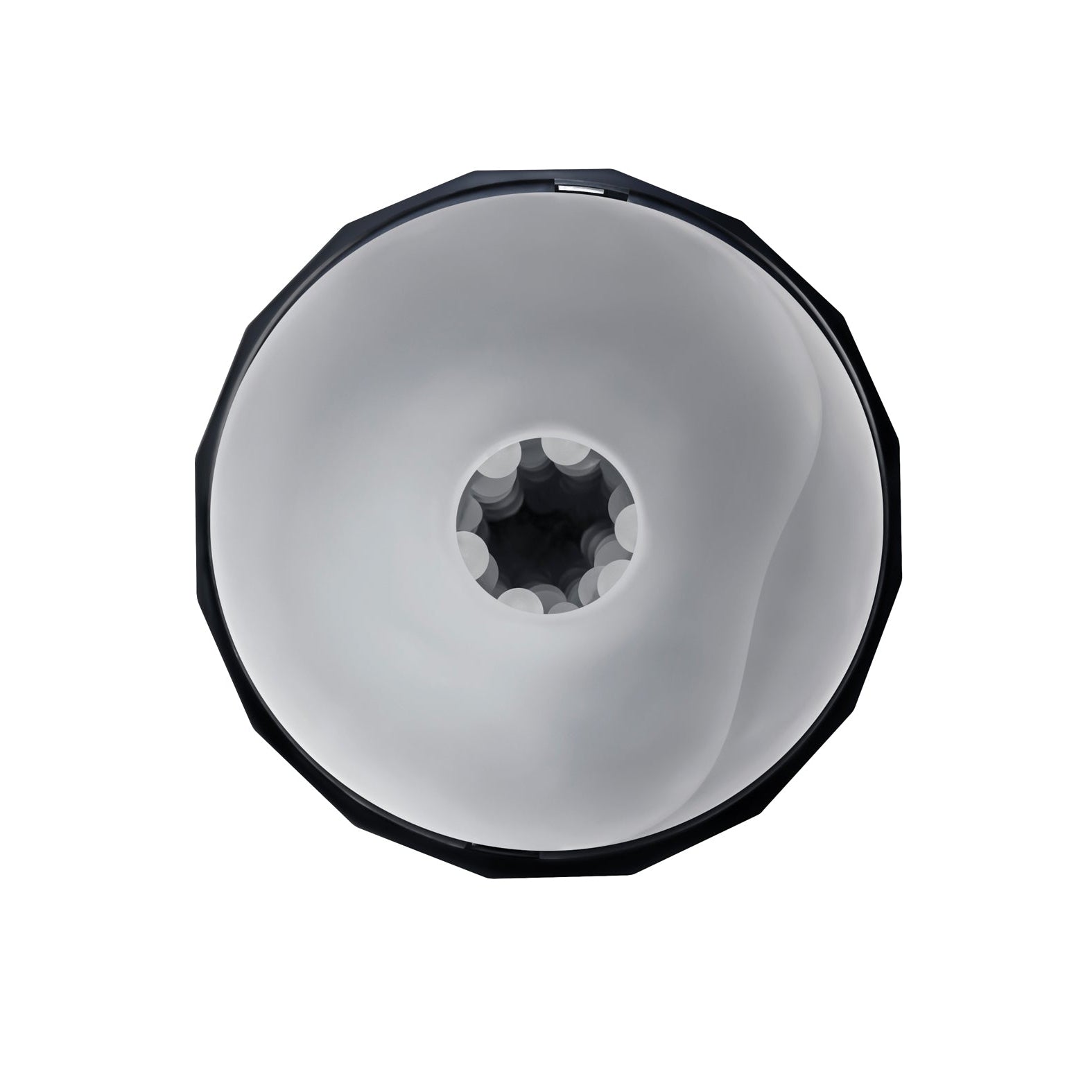 A close-up of a white, swirling abstract object with a smooth, round shape and a dark outer rim, akin to an avant-garde sculpture or the Playboy Solo Stroker - 2 AM light fixture against a pristine background.