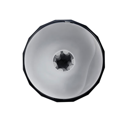 A close-up of a white, swirling abstract object with a smooth, round shape and a dark outer rim, akin to an avant-garde sculpture or the Playboy Solo Stroker - 2 AM light fixture against a pristine background.