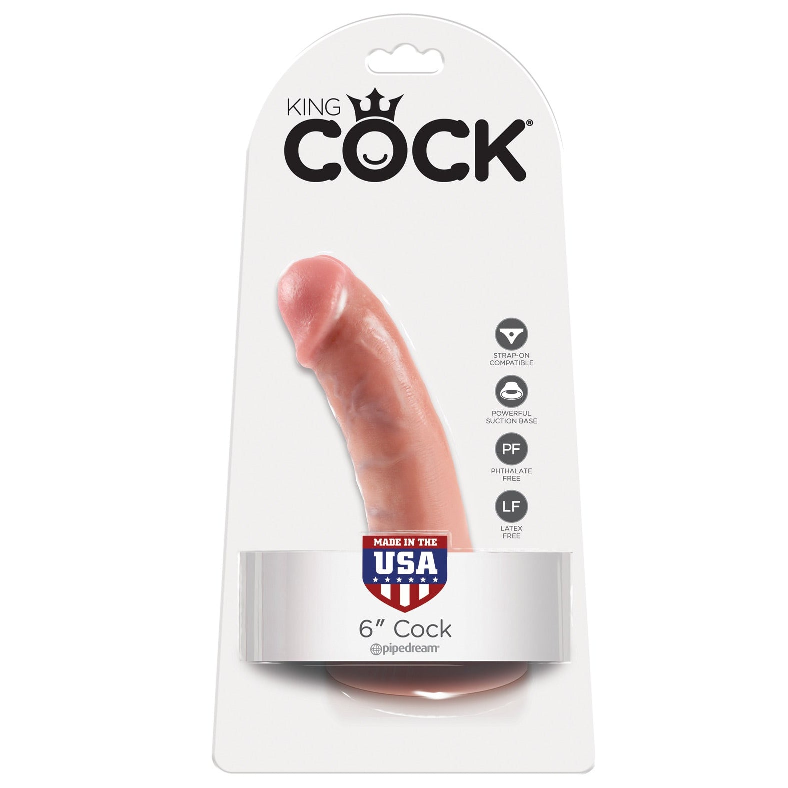 The King Cock 6 Realistic Gay Dildo by Pipedream highlights its lifelike design with Made in the USA on the packaging, icons for Strap-On Compatible, a strong suction cup base, and assurances that its Phthalate Free and Latex Free, emphasizing its realistic qualities.