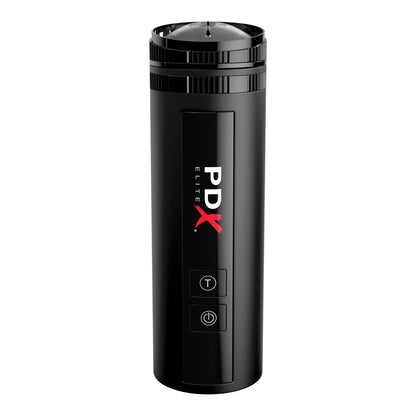 The black cylindrical PDX Elite Moto Bator X, branded in white and red, features two buttons labeled T and a power symbol. This sleek device by PDX offers hands-free stimulation with piston-action thrusting capabilities.