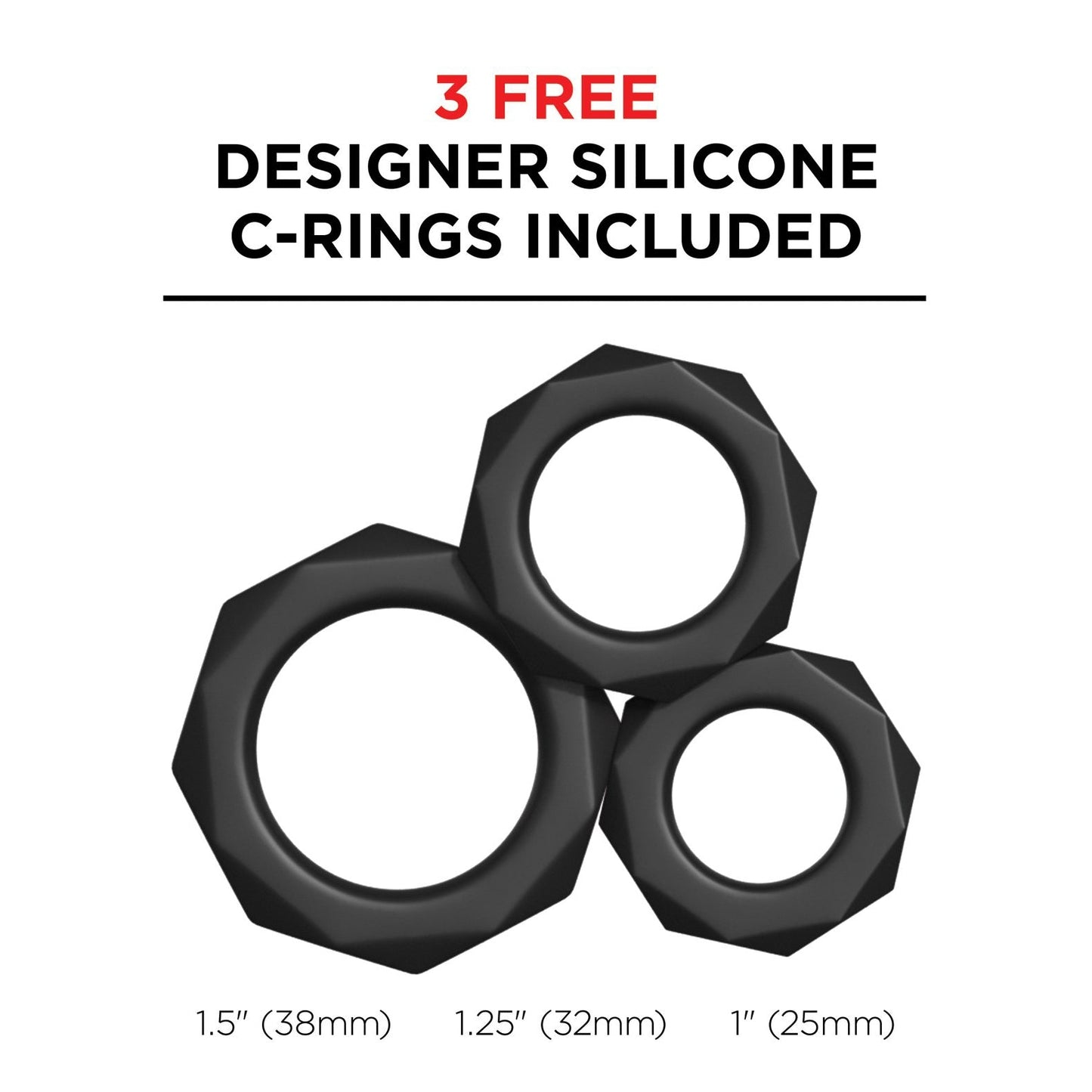 The image displays three black silicone rings in sizes 1.5 (38mm), 1.25 (32mm), and 1 (25mm) with the text 3 Free Designer Silicone C-Rings Included, ideal for boosting hands-free stimulation with your PDX Elite Moto Bator X experience.