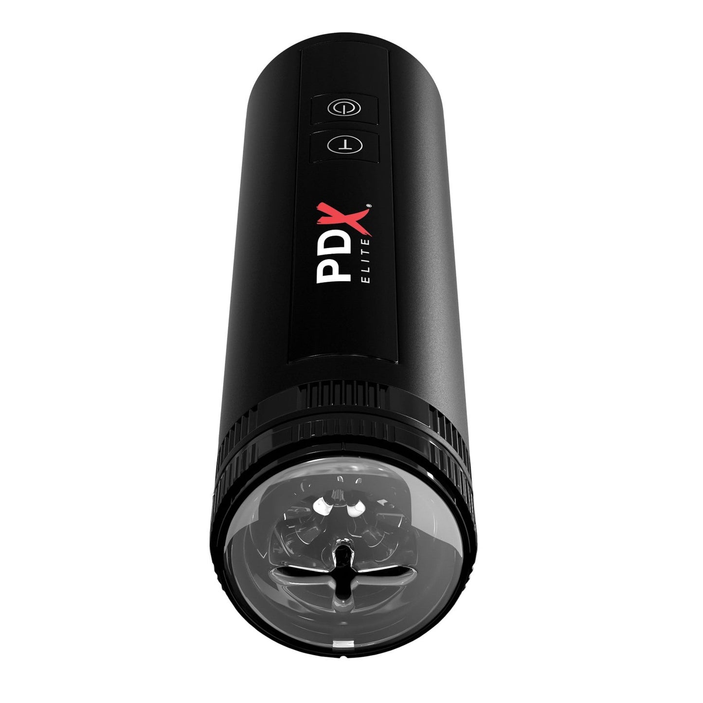 A black cylindrical electronic device with a transparent end shows a textured interior. The body has buttons and PDX branding in red and white. Named PDX Elite Moto Bator X, it provides hands-free stimulation using piston-action thrusting technology.