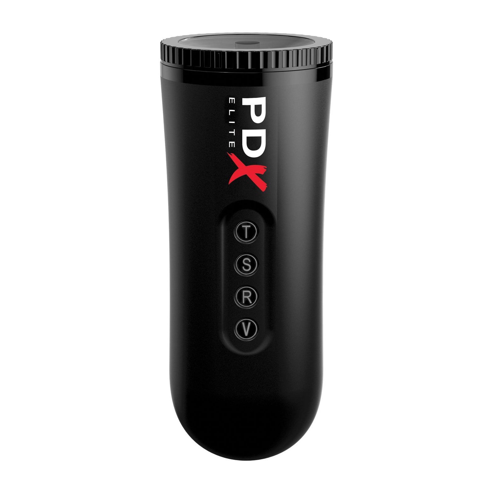 The PDX Elite Moto Blower, a sleek black cylinder with textured grip, is branded in white and red. It features four buttons: T, S, R, V. Its rechargeable motor powers the automatic stroking motion and it has a top removable lid for convenience.