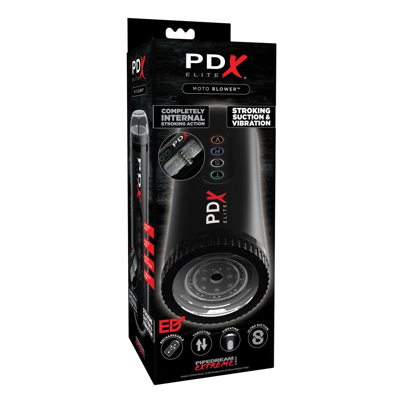 A sleek black box displays PDX Elite Moto Blower in bold red and white text. The rechargeable motor powers stroking and vibration with multiple modes. This cylindrical device, featuring a clear end, prominently showcases its automatic action on the packaging.