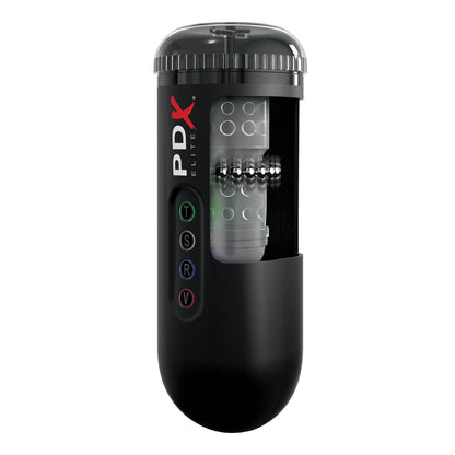 The PDX Elite Moto Blower is a black cylindrical gadget with a transparent top and circular metallic bead elements. It offers an automatic stroking motion powered by a rechargeable motor and features a side button panel labeled with letters, while the brand name PDX is highlighted in red and white.