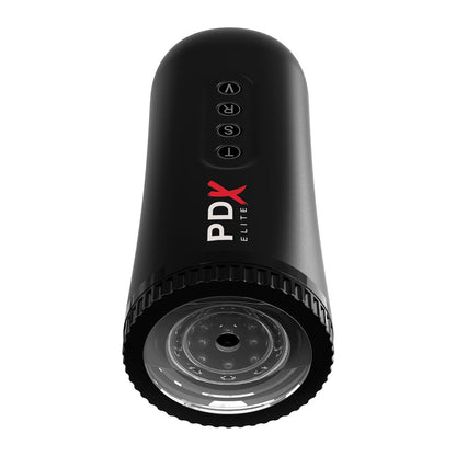 The PDX Elite Moto Blower is a sleek black cylindrical device branded with PDX, featuring control buttons, a clear circular opening with textured details inside, and a rechargeable motor for automatic stroking motion to enhance the experience.