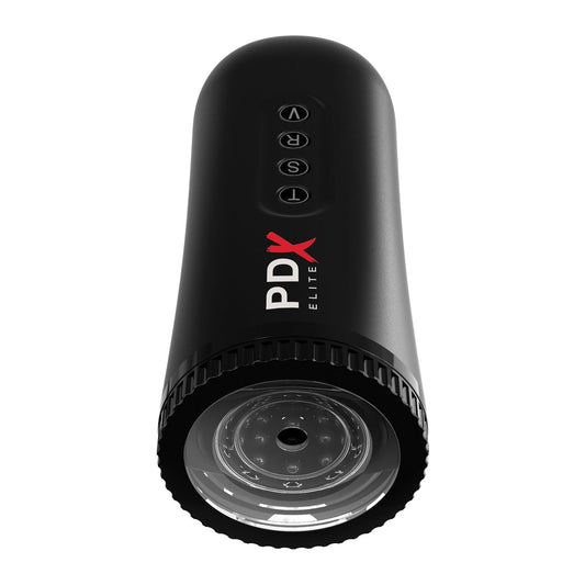 The PDX Elite Moto Blower is a sleek black cylindrical device branded with PDX, featuring control buttons, a clear circular opening with textured details inside, and a rechargeable motor for automatic stroking motion to enhance the experience.