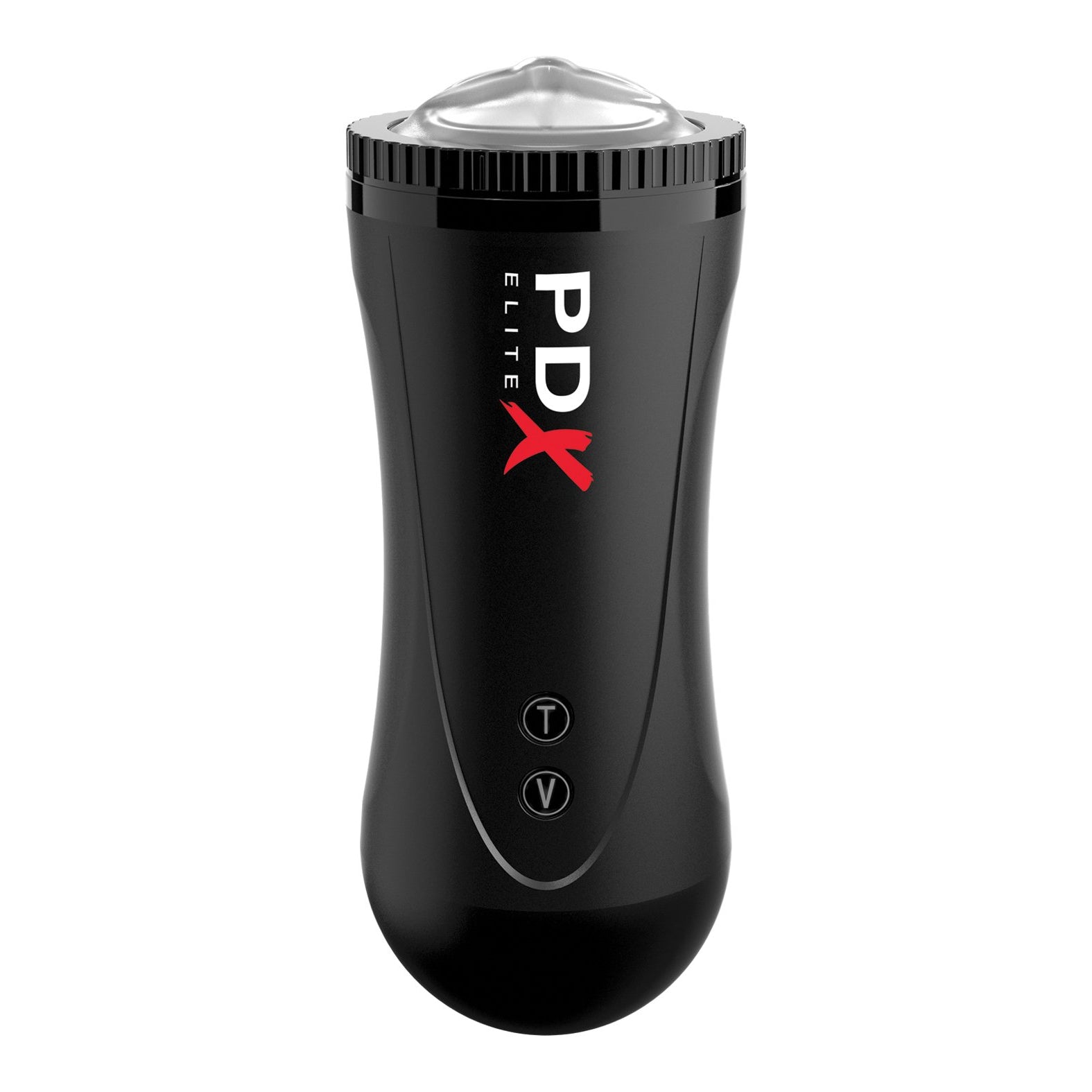A black cylindrical PDX Elite Moto Stroker features a textured grip with T and V buttons, a transparent dome on top, and the PDX logo in white with a red X, designed for seamless automatic stroking.