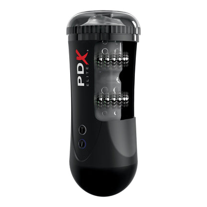 The PDX Elite Moto Stroker by PDX is a sleek, black cylindrical device featuring visible rotating pleasure beads for automatic stroking. It offers modern design with convenient side control buttons.