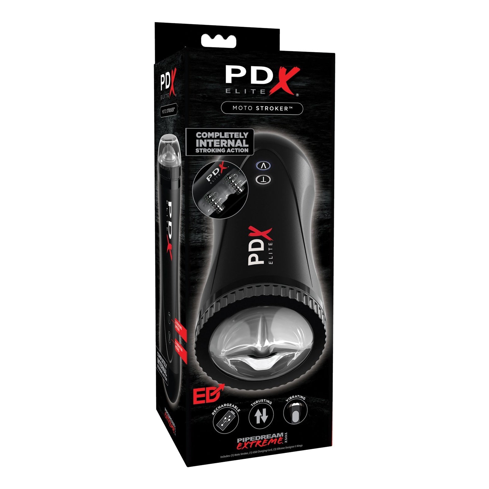 The PDX Elite Moto Stroker comes in a sleek box featuring the black device with a white interior. Key features, including Completely Internal Stroking Action and pleasure beads, are highlighted under the Pipedream Extreme line from PDX.