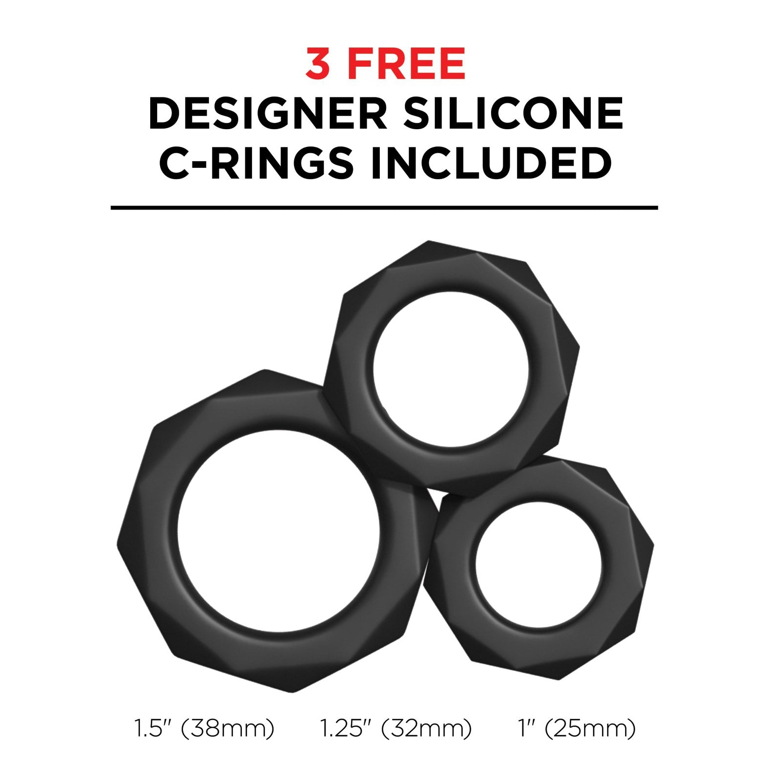 The image displays three black silicone rings of different sizes on a white background. Text above reads 3 FREE DESIGNER SILICONE C-RINGS INCLUDED, highlighting them as ideal partners for your PDX Elite Moto Stroker by PDX. Below, each ring has precise size labels.