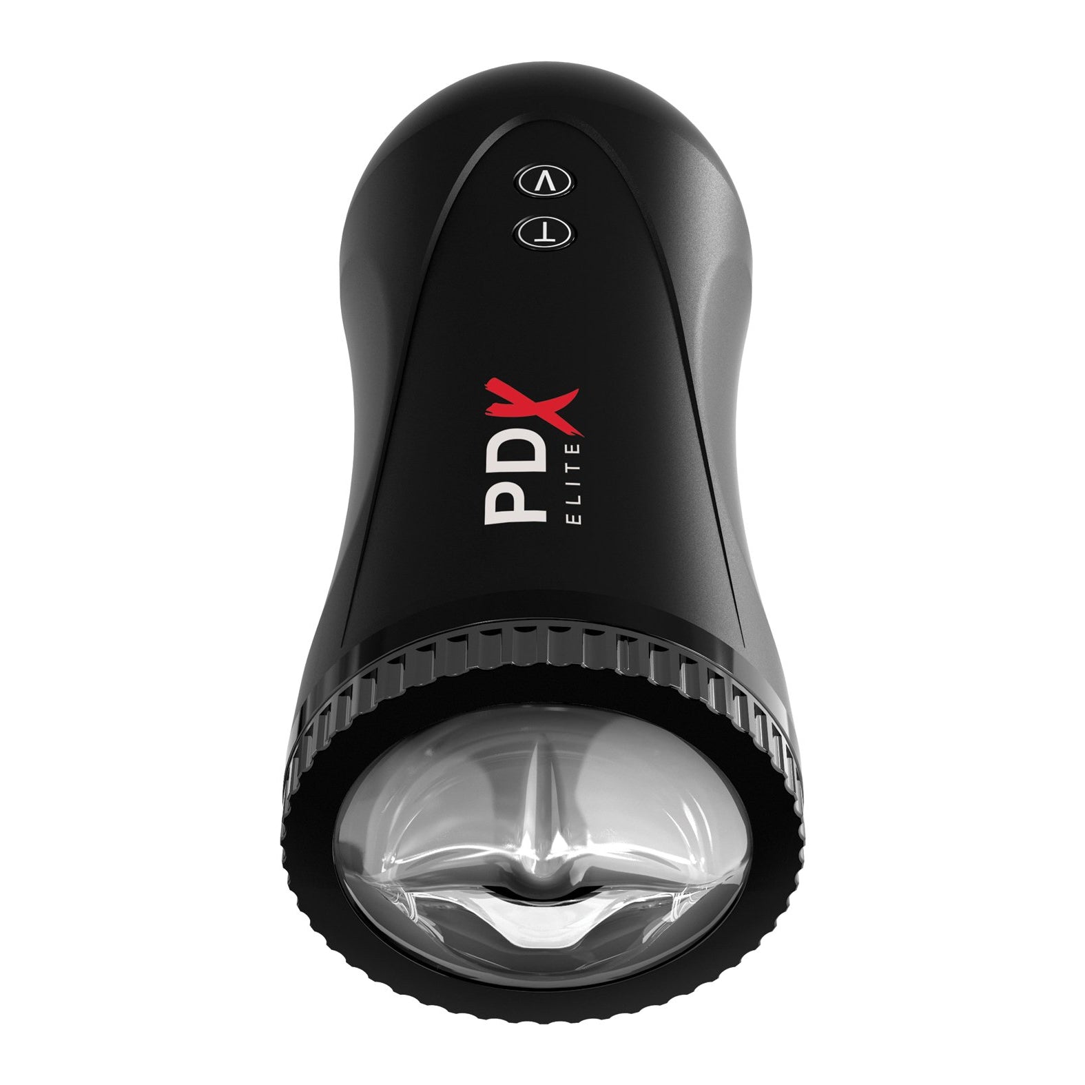 The PDX Elite Moto Stroker by PDX is a sleek black handheld device with standout white and red labeling. It boasts dual button controls at one end and a clear opening at the other, offering a top-tier automatic stroking experience.