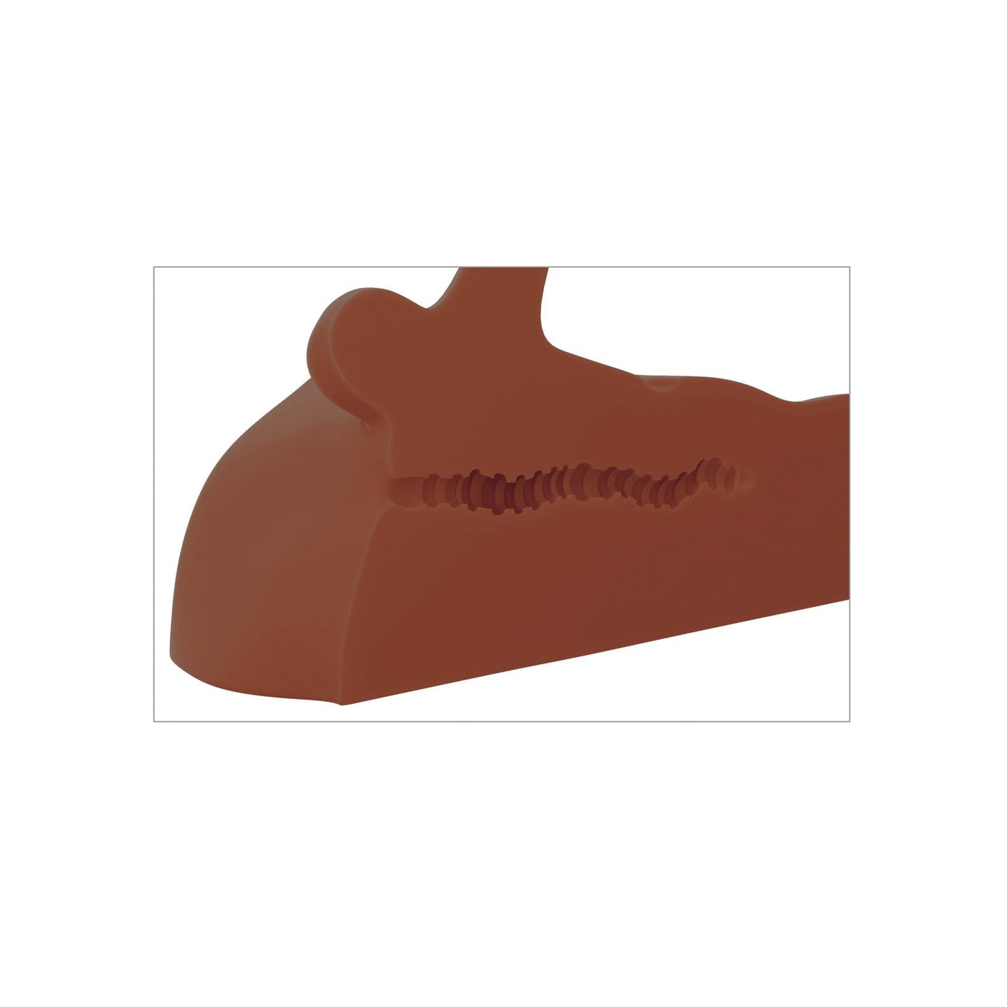 A close-up view of a PDX Plus Perfect Ride from PDX, showcasing its sculpted brown form with curved and grooved details made from realistic Fanta Flesh, isolated on a white background.