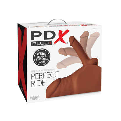 The PDX Plus Perfect Ride box showcases a brown adult toy, featuring the EZ Bang Design and realistic Fanta Flesh material with a 6 Posable Cock, ideal for those desiring the ultimate mega masturbator experience.