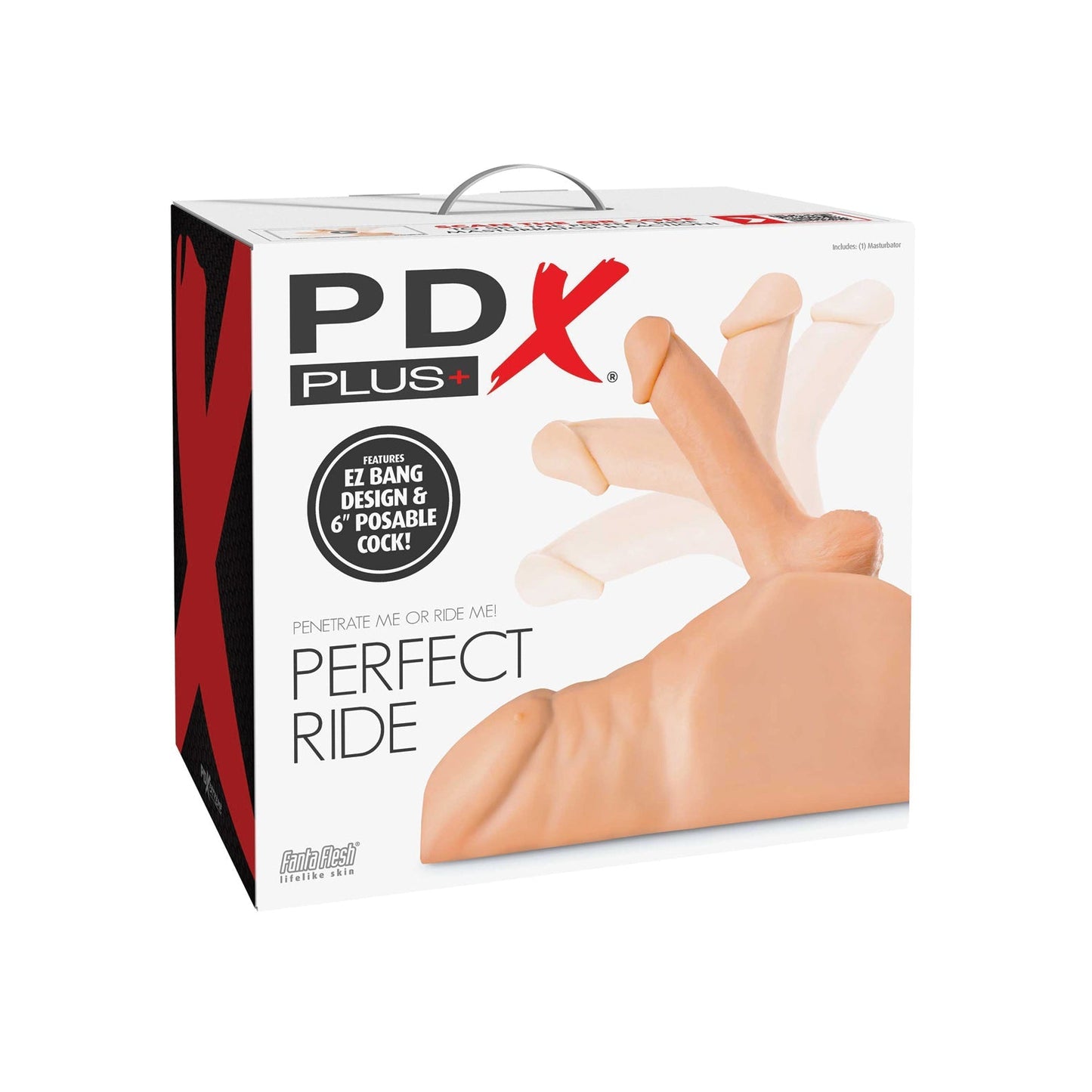 The PDX Plus Perfect Ride product box from PDX displays an abstract image of a hand holding a skin-toned object with curves, emphasizing features like Fanta Flesh material, an EZ Bang Design, and a 6 Poseable Cock, for an exceptional experience.