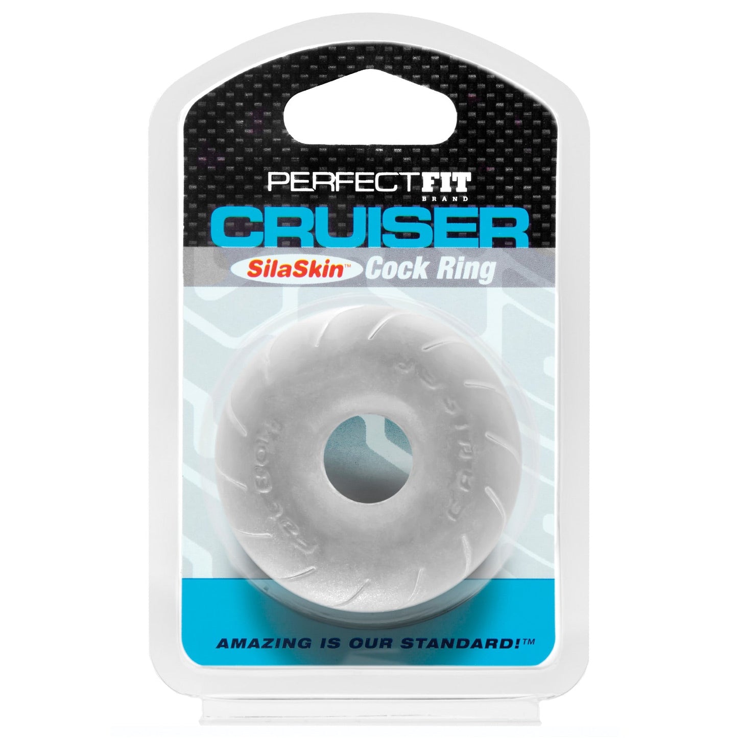 The image shows the Perfect Fit Cruiser Cock Ring packaging with clear front revealing the ring. The package highlights key features of super stretchy SilaSkin material and prominently displays the product name by Perfect Fit.