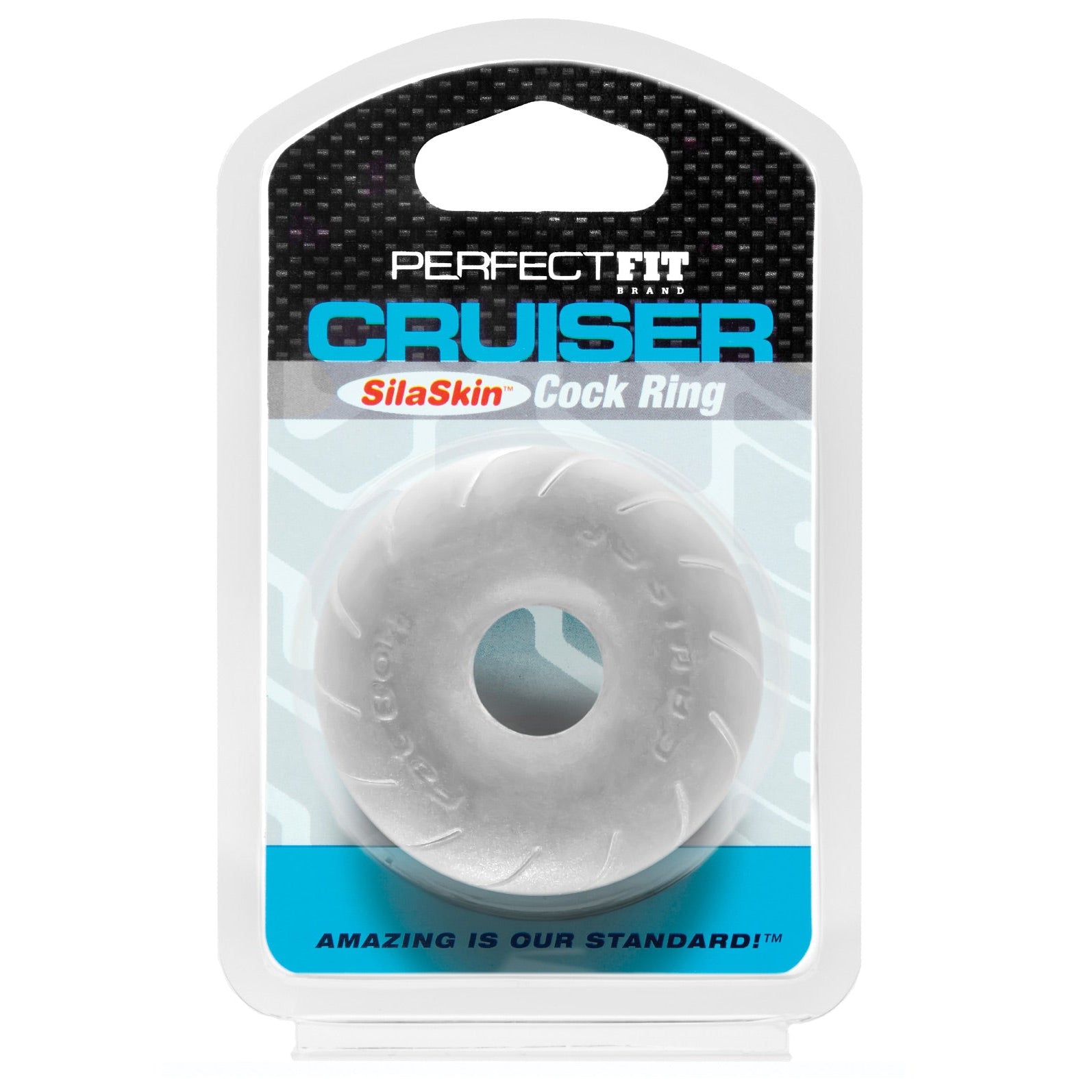 The image shows the Perfect Fit Cruiser Cock Ring packaging with clear front revealing the ring. The package highlights key features of super stretchy SilaSkin material and prominently displays the product name by Perfect Fit.