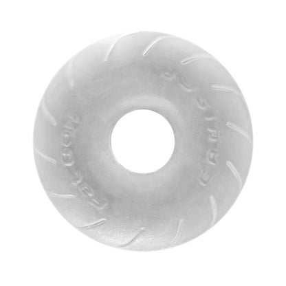 The Perfect Fit Cruiser Cock Ring is a round, white SilaSkin object with a central hole, slightly embossed edges, and a smooth texture highlighted by gentle ridges.