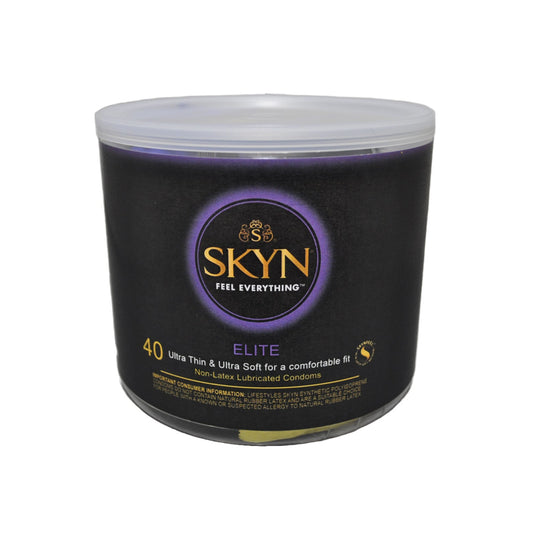 A clear cylindrical container labeled Lifestyles SKYN Elite Thin Condom contains 40 of the thinnest, ultra-soft non-latex lubricated condoms for maximum sensation. The black packaging with gold and purple accents enhances the premium appeal of LifeStyles SKYN Elite Condoms.