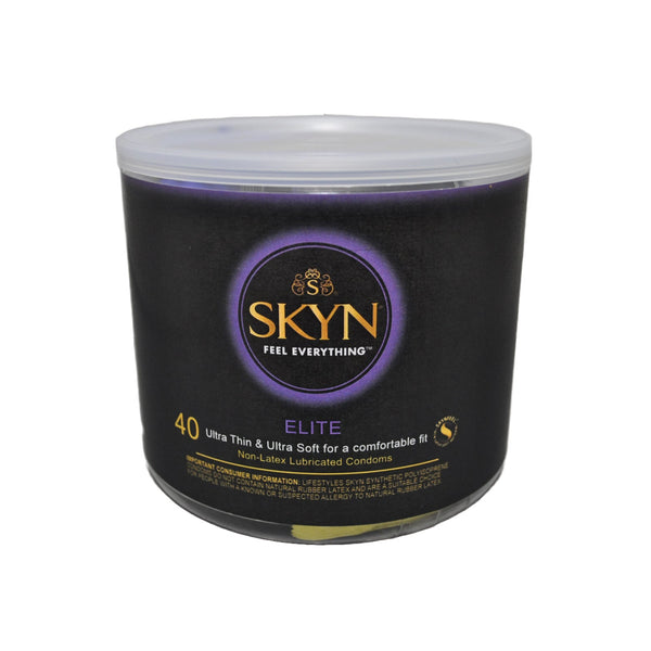 A clear cylindrical container labeled Lifestyles SKYN Elite Thin Condom contains 40 of the thinnest, ultra-soft non-latex lubricated condoms for maximum sensation. The black packaging with gold and purple accents enhances the premium appeal of LifeStyles SKYN Elite Condoms.