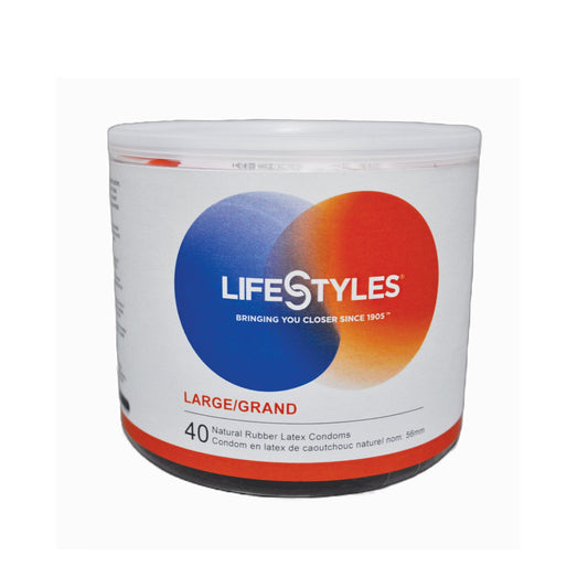 A container of LifeStyles Large Condoms offers maximum protection with extra comfort in a large size. The packaging, featuring a blue and orange overlapping circles logo, contains 40 condoms.