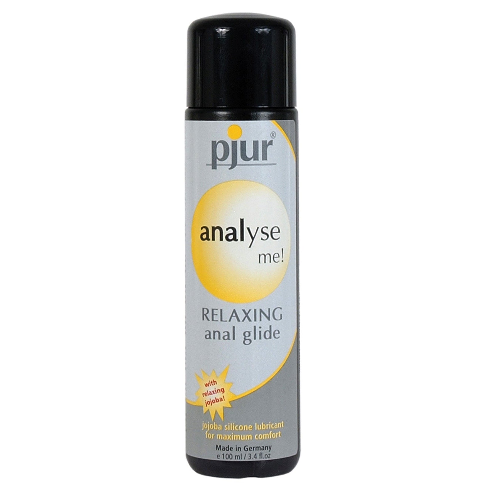 The image shows a black-capped bottle of pjur analyse me! Relaxing anal glide silicone lubricant, featuring a relaxing jojoba formula. The 100 ml (3.4 fl oz) bottle is part of the PRIDE Essentials Pack by Adams Toy Box, crafted in Germany with quality.
