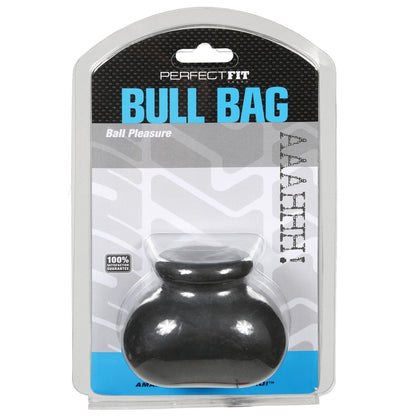 The Perfect Fit Bull Bag 3/4 Ball Stretcher delivers a unique Ball Pleasure experience. The grey and blue packaging showcases a clear window revealing the black ball stretcher inside, providing ultimate comfort and satisfaction with its 100% soft-touch material.
