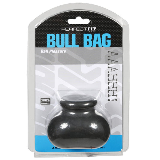 The Perfect Fit Bull Bag 3/4 Ball Stretcher delivers a unique Ball Pleasure experience. The grey and blue packaging showcases a clear window revealing the black ball stretcher inside, providing ultimate comfort and satisfaction with its 100% soft-touch material.