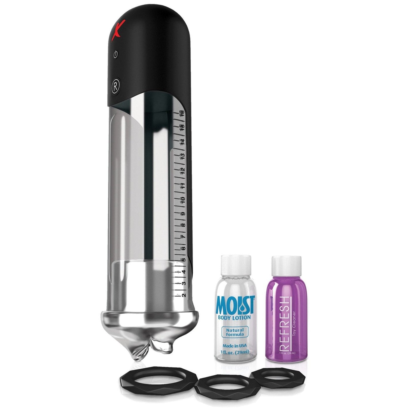 The Pipedream Extreme Elite Blowjob Power Pump by Adams Toy Box is a transparent cylindrical device with a measurement gauge, two small bottles (Moist Body Lotion and Refresh), two black rubber grips, and intermittent sucking technology. Its cap features a red X.